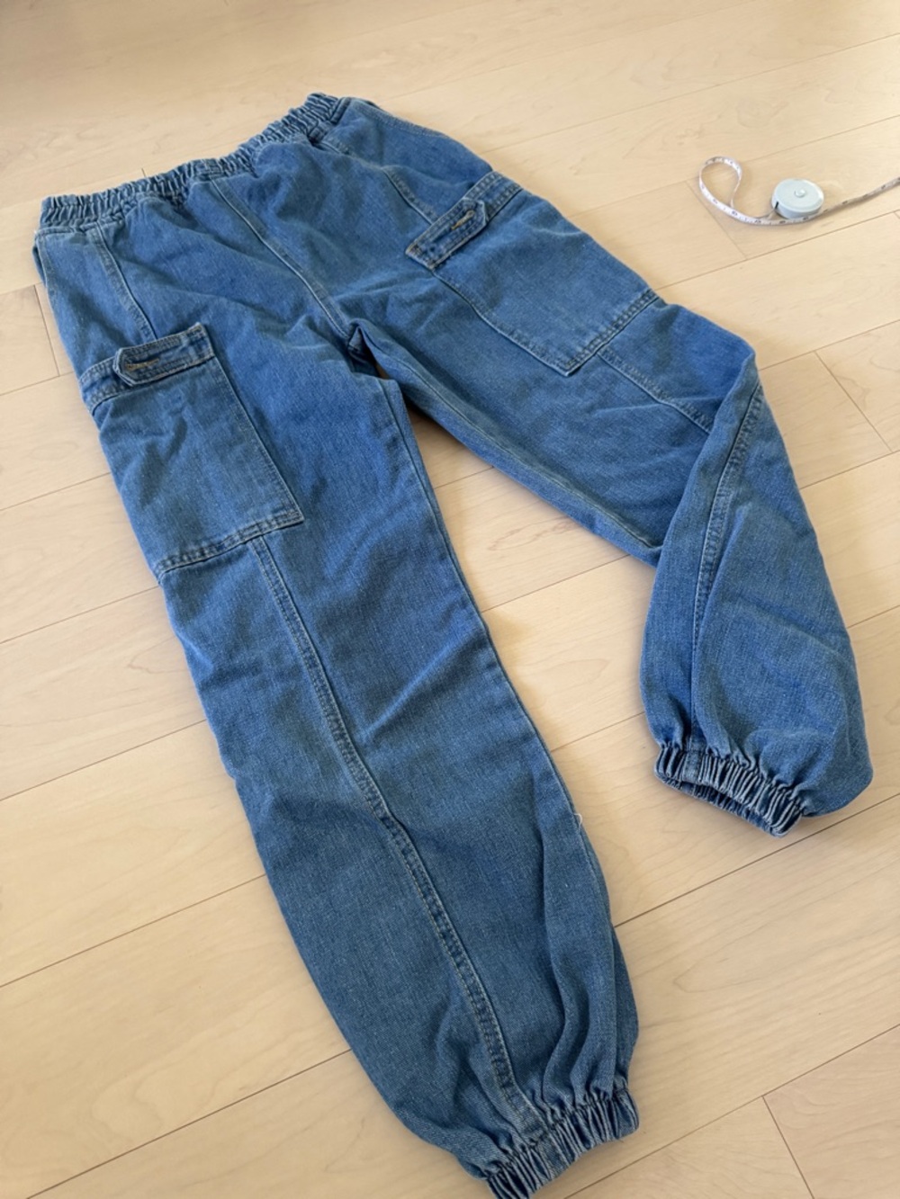 Women's Blue Elastic-Cuff Cargo Jeans